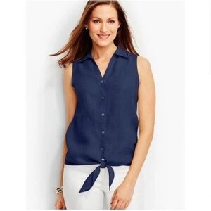 TALBOTS 100% Linen Navy Blue Sleeveless Tie-Front Blouse Top Size MP
